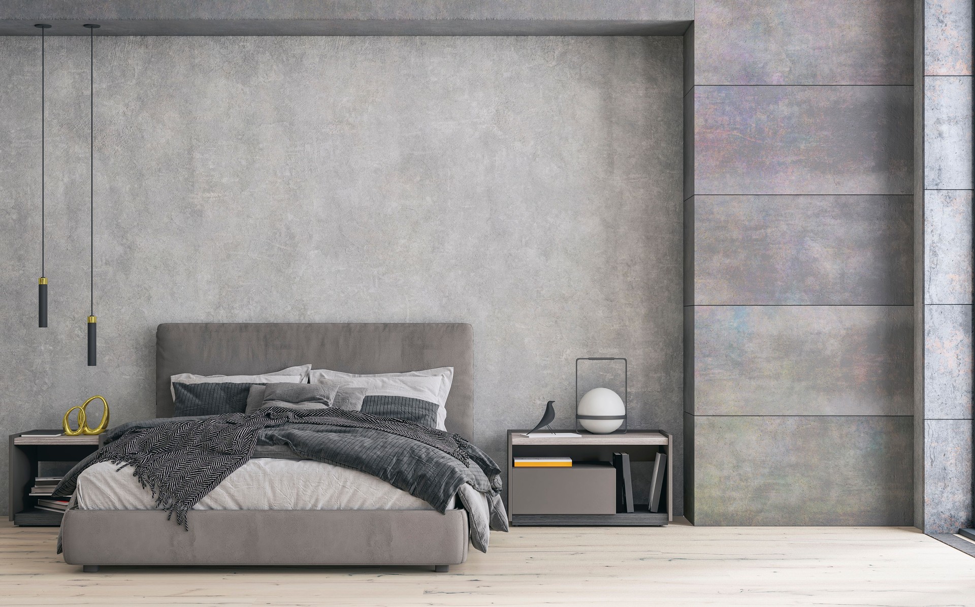 Modern bedroom interior: a room with a gray textile double bed in front of a concrete wall and niche with windows and decoration