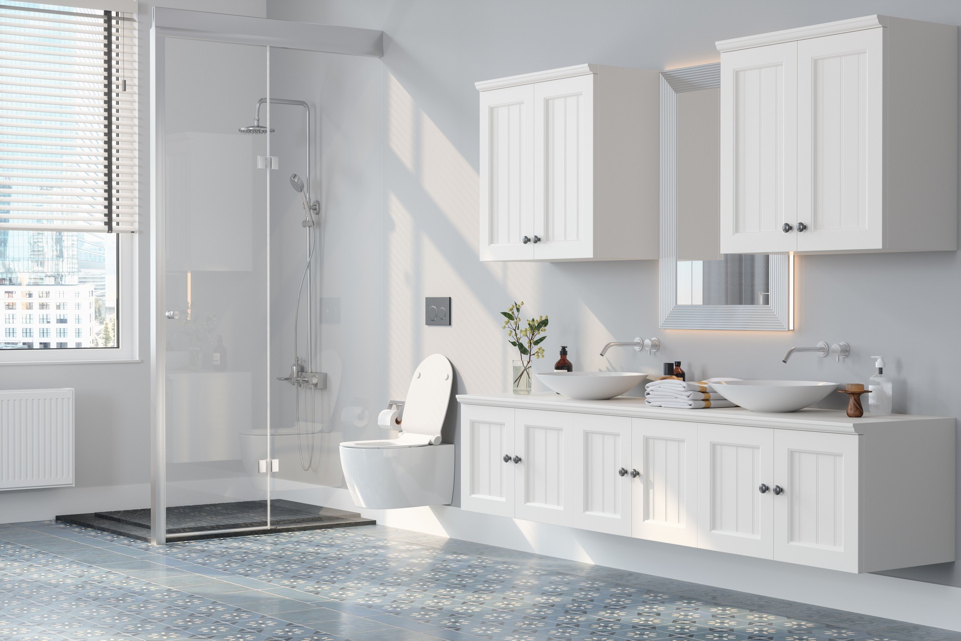 Modern Bathroom Interior With Shower, Toilet, Mirror And White Cabinets