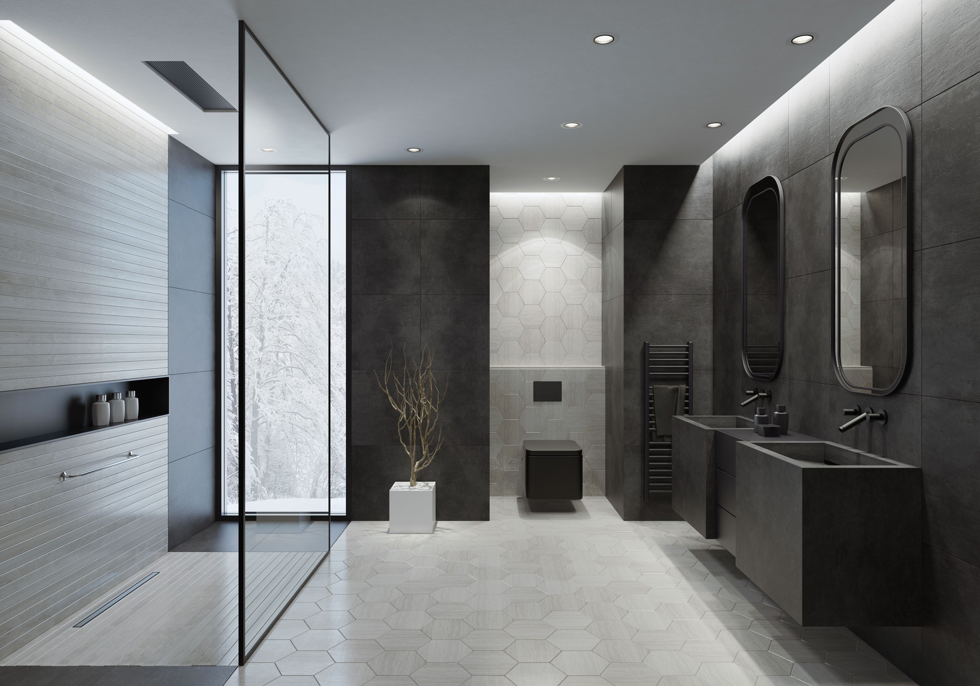 Modern bathroom with dark gray concrete tiles